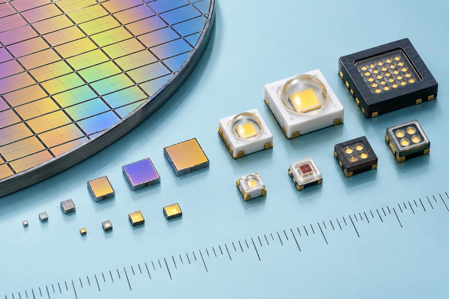 Original selection visualization of wafer, bare dies and multiple package sizes